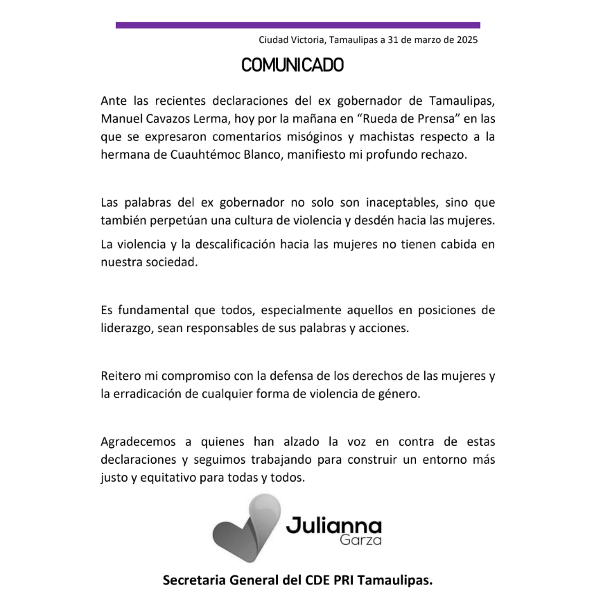 PRI condena comentario misógino de Manuel Cavazos, exgobernador de Tamaulipas