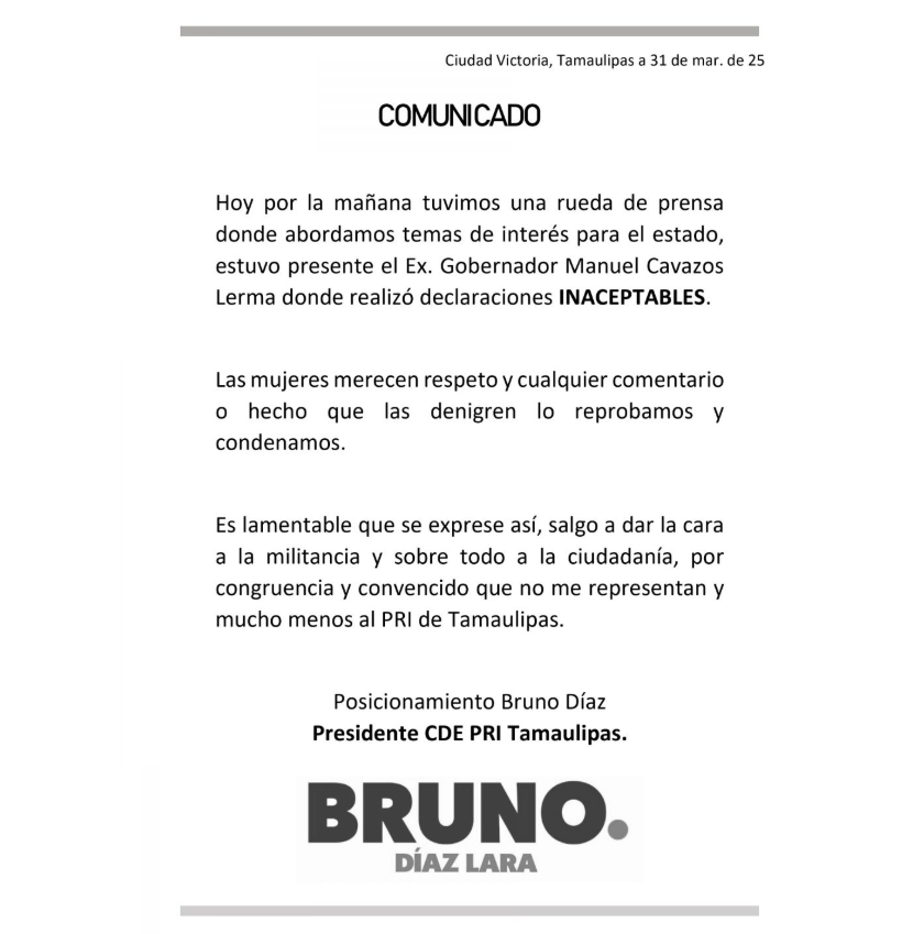 PRI condena comentario misógino de Manuel Cavazos, exgobernador de Tamaulipas